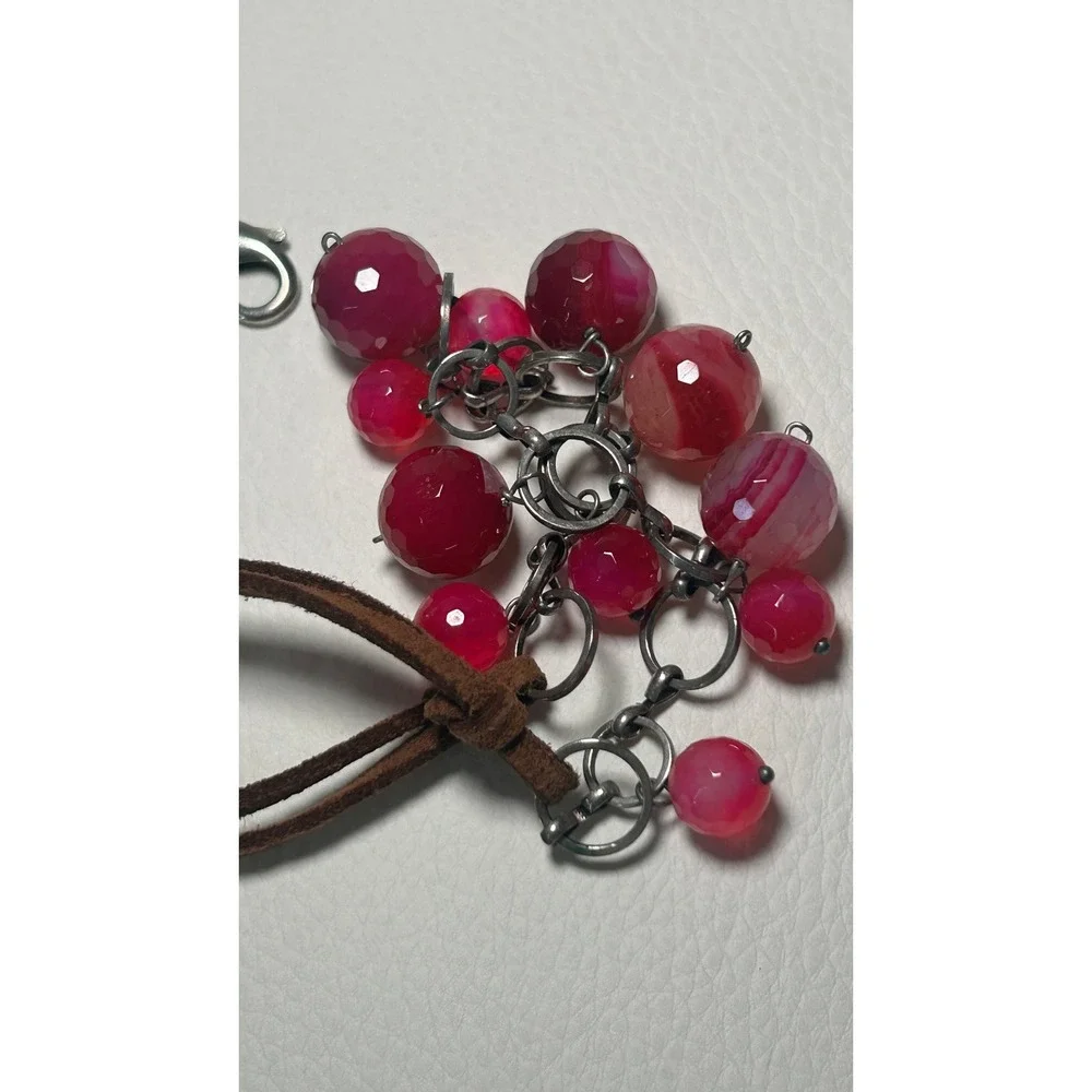 Pink Agate Beaded Statement Necklace Leather Cord Silver Tone Boho Bib Festival